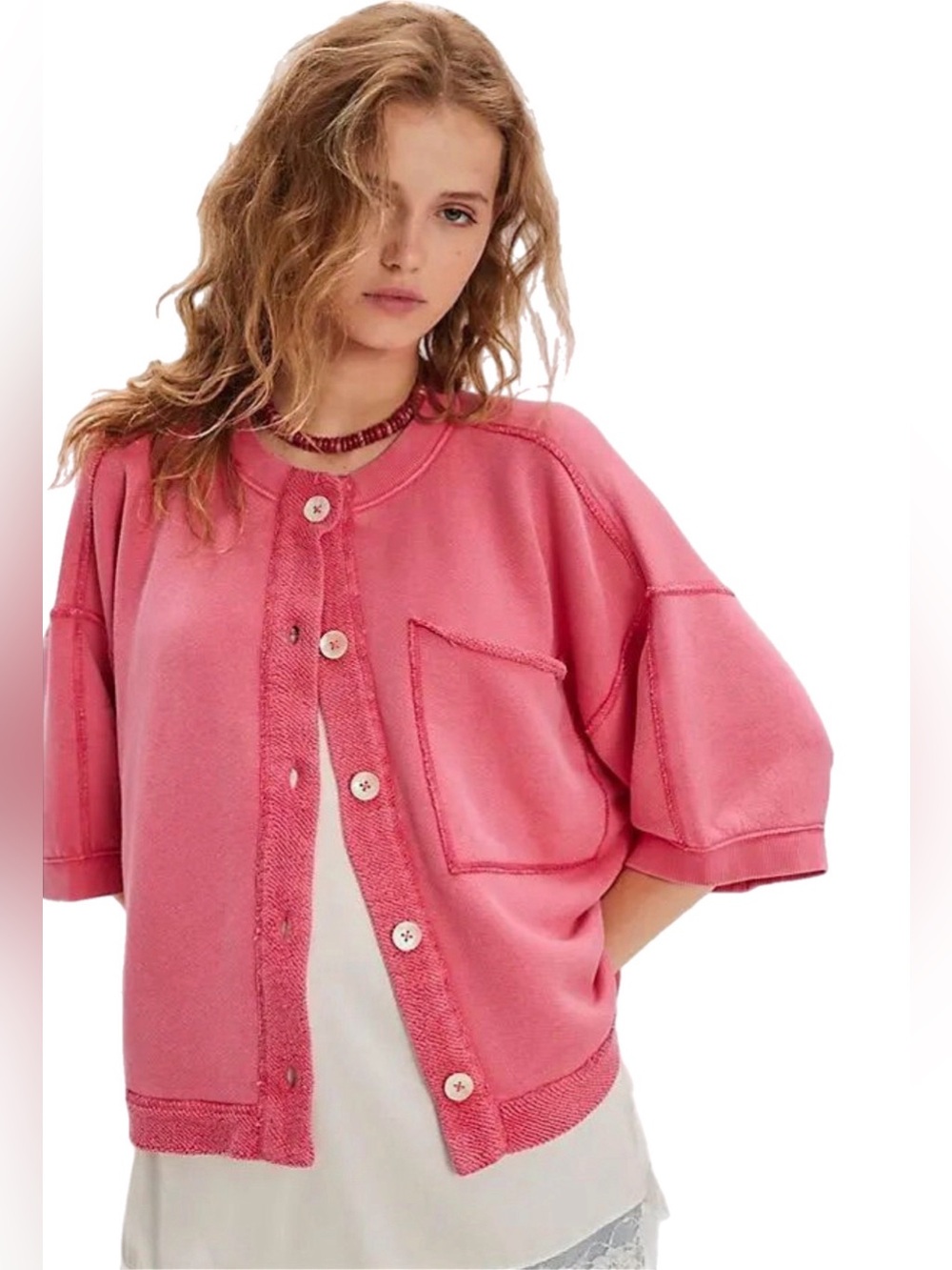 Free People Matilda Relaxed Fit Sweatshirt Pink Rose Camellia Large NWT